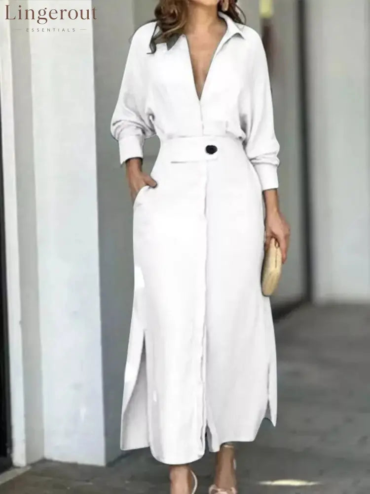 Side Slit Long Sleeve Shirt Dress - White / S