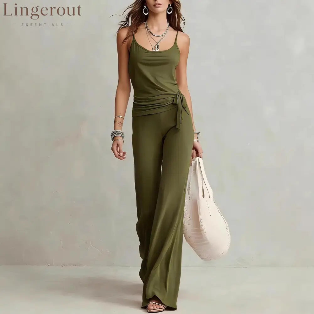 Side Tie Cami Top & High Waist Wide Leg Pants Two Piece Matching Set