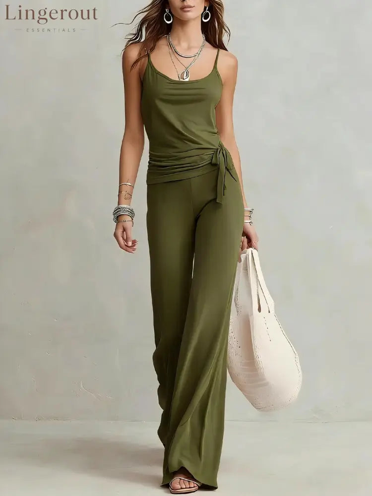 Side Tie Cami Top & High Waist Wide Leg Pants Two Piece Matching Set - Army green / XS