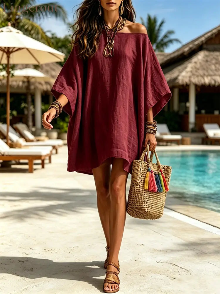 Simple Retro Cotton And Linen One Line Off Shoulder Batball Sleeve Loose Dress - burgundy / S