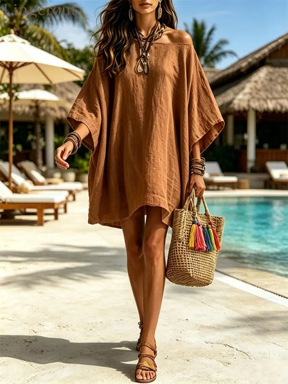 Simple Retro Cotton And Linen One Line Off Shoulder Batball Sleeve Loose Dress - caramel color / S