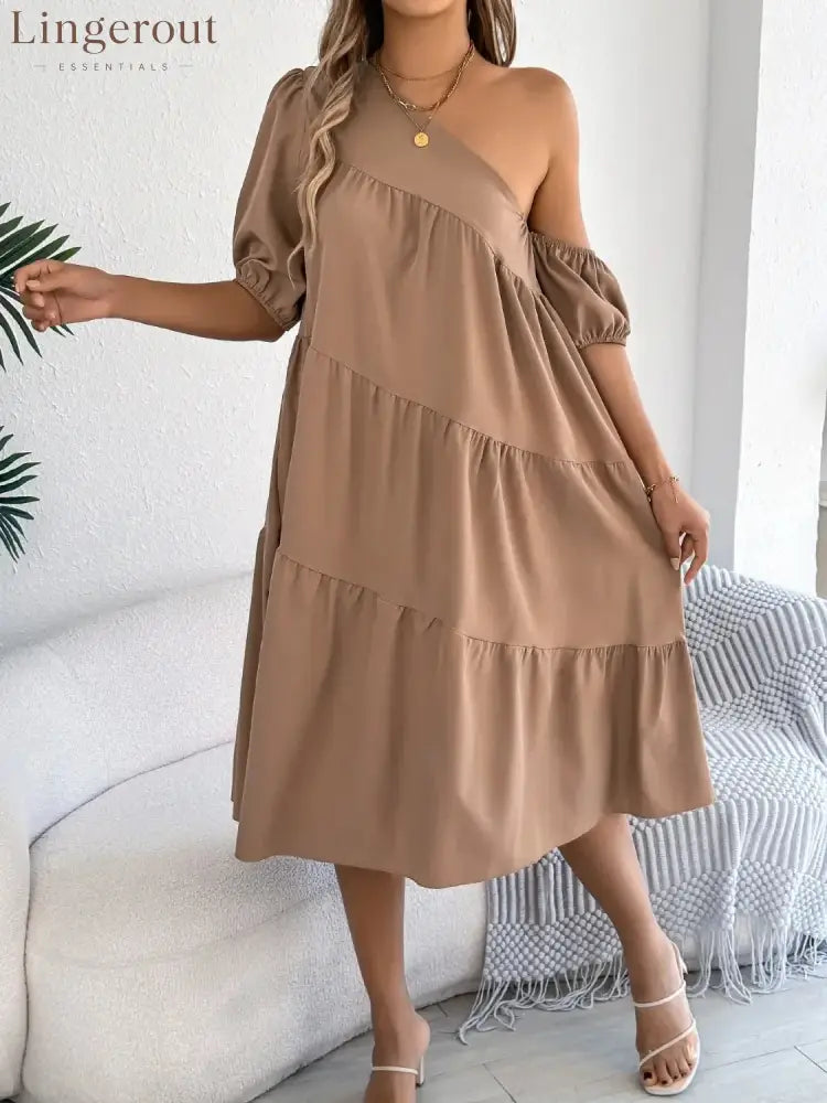 Single Shoulder Tiered Dress - Camel / S