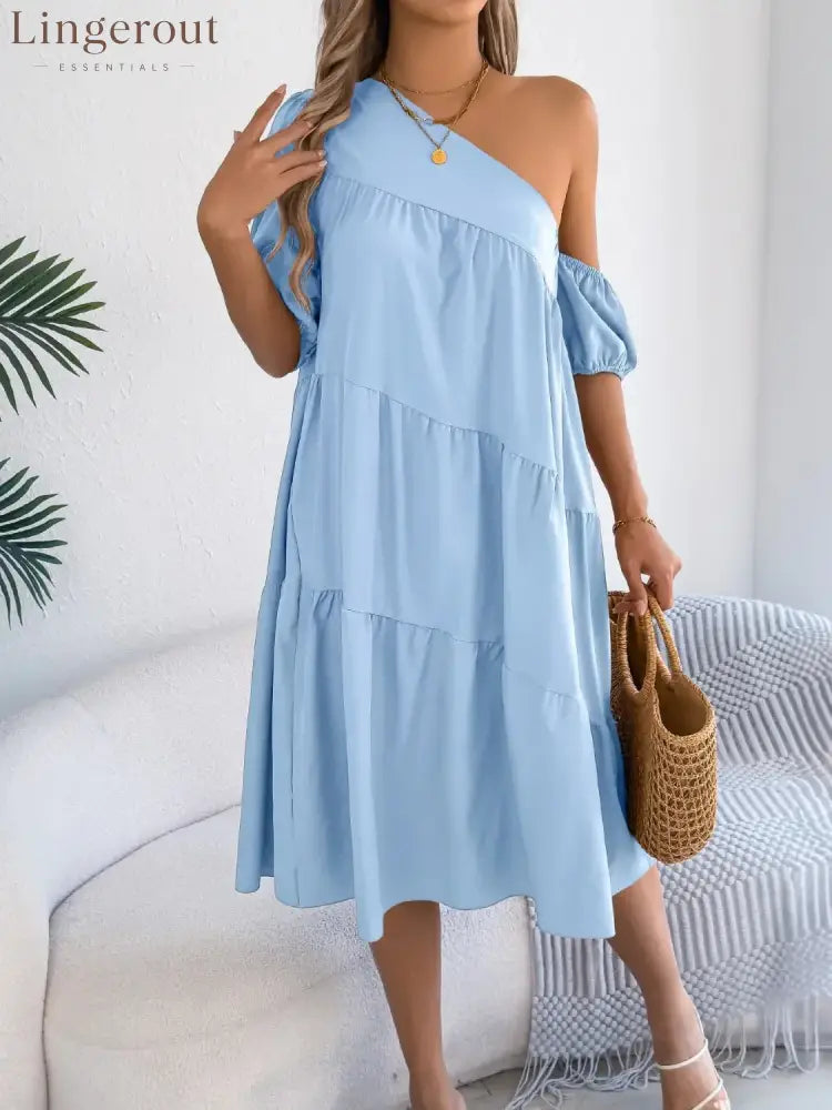 Single Shoulder Tiered Dress - Sky Blue / S