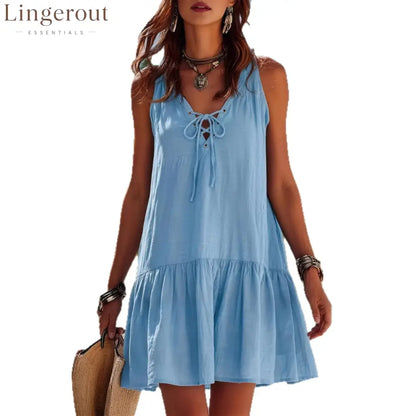 🌊 Sky Blue Lace-Up Ruffle Hem Sundress
