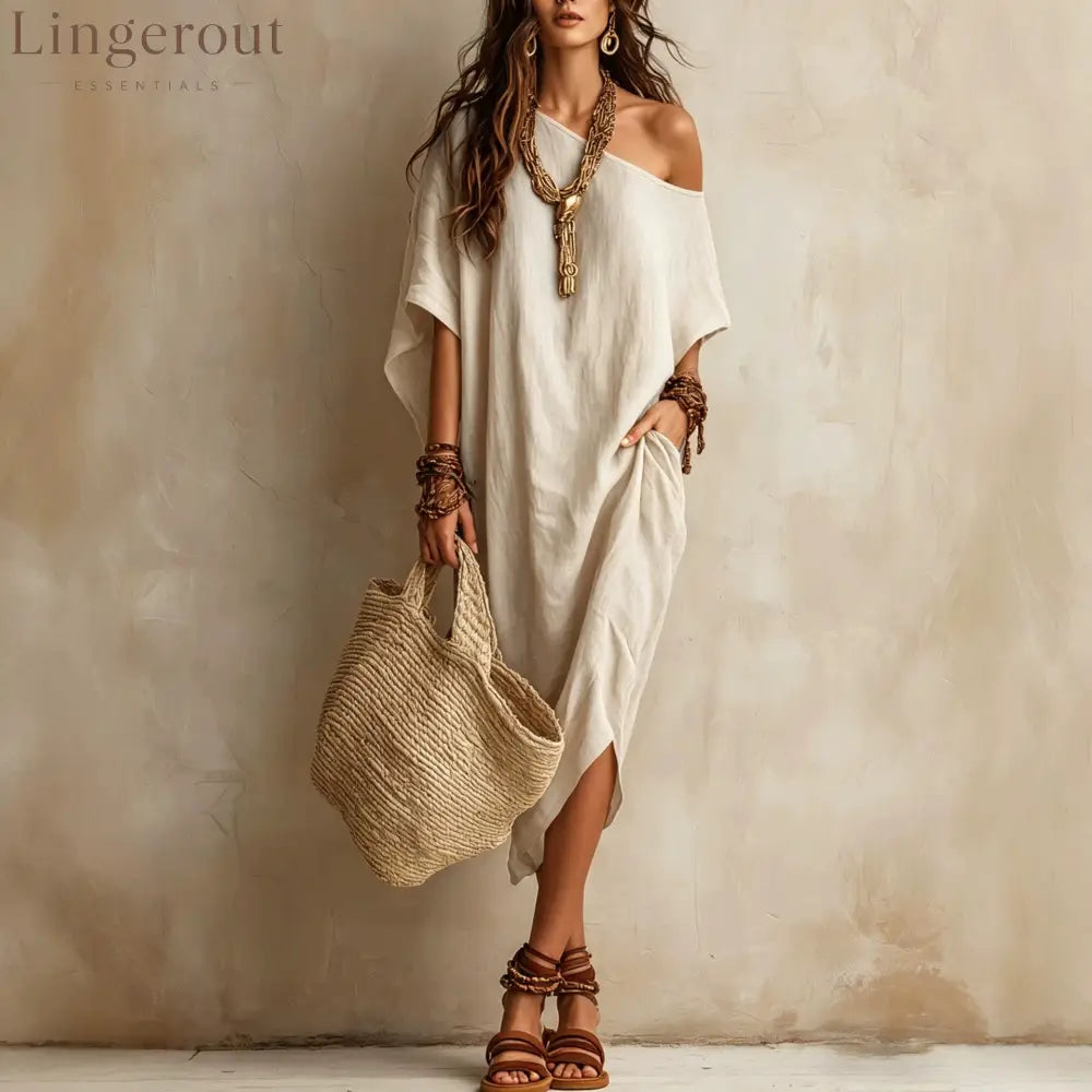 Slanted Shoulder Cotton And Linen Dress Women’S Loose Bat Sleeves Mid-Length Slit Holiday Dress