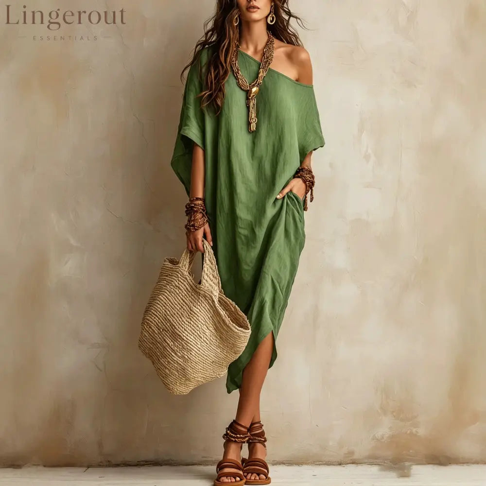 Slanted Shoulder Cotton And Linen Dress Women’S Loose Bat Sleeves Mid-Length Slit Holiday Dress