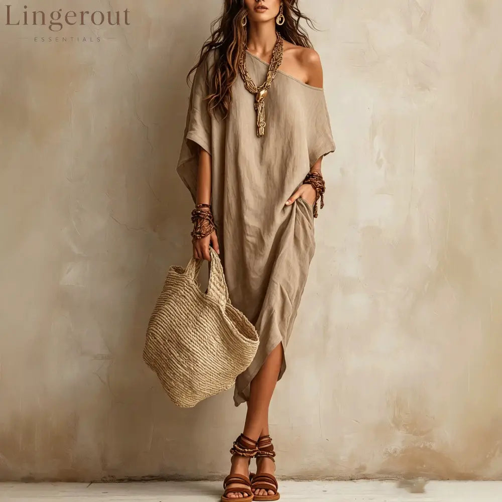 Slanted Shoulder Cotton And Linen Dress Women’S Loose Bat Sleeves Mid-Length Slit Holiday Dress