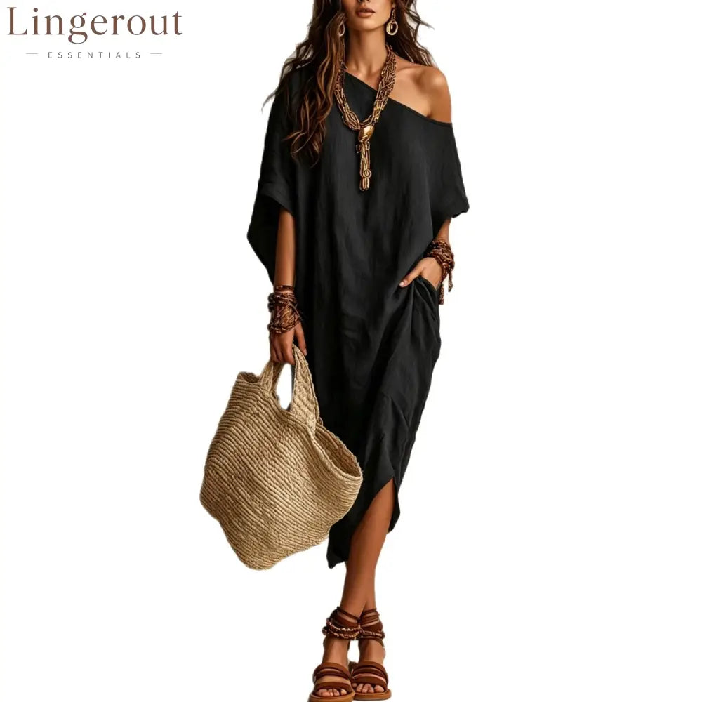 Slanted Shoulder Cotton And Linen Dress Women’S Loose Bat Sleeves Mid-Length Slit Holiday Dress