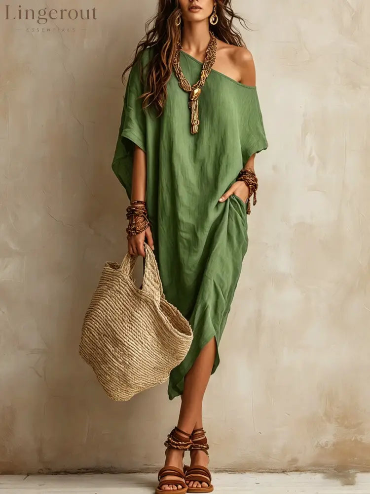 Slanted Shoulder Cotton And Linen Dress Women’S Loose Bat Sleeves Mid-Length Slit Holiday Dress - Green / S