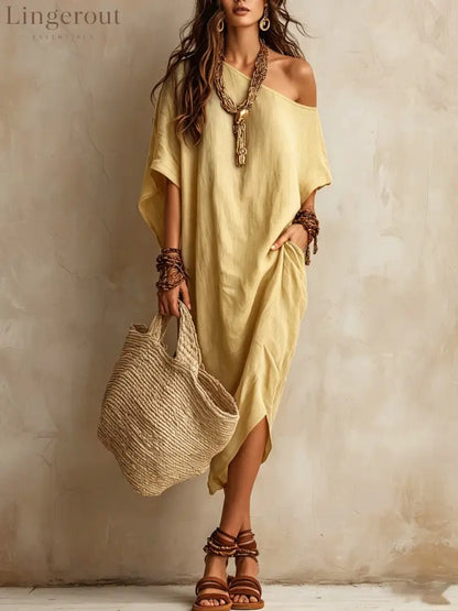 Slanted Shoulder Cotton And Linen Dress Women’S Loose Bat Sleeves Mid-Length Slit Holiday Dress - Light yellow / S