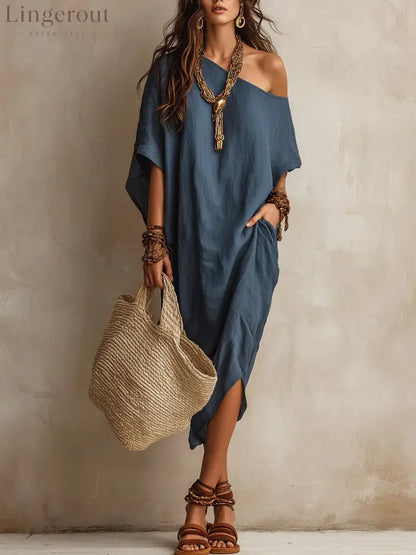 Slanted Shoulder Cotton And Linen Dress Women’S Loose Bat Sleeves Mid-Length Slit Holiday Dress - Navy blue / S