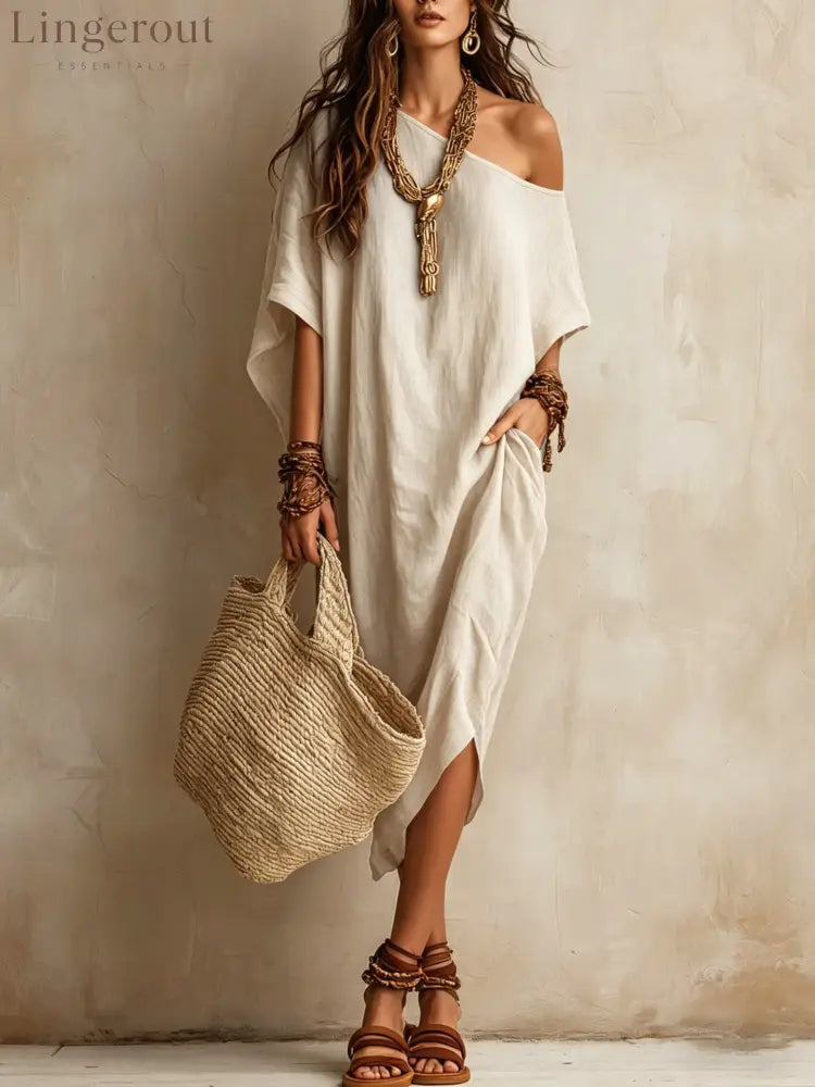 Slanted Shoulder Cotton And Linen Dress Women’S Loose Bat Sleeves Mid-Length Slit Holiday Dress - Off white / S
