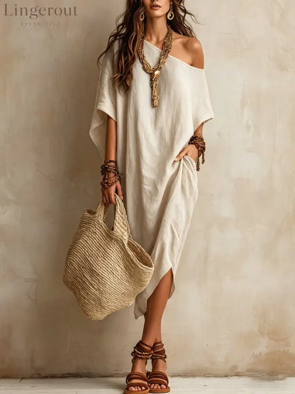 Slanted Shoulder Cotton And Linen Dress Women’S Loose Bat Sleeves Mid-Length Slit Holiday Dress - Off white / S