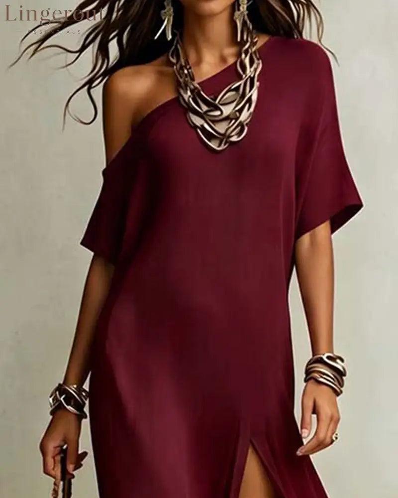 Slash Shoulder Slit Dress