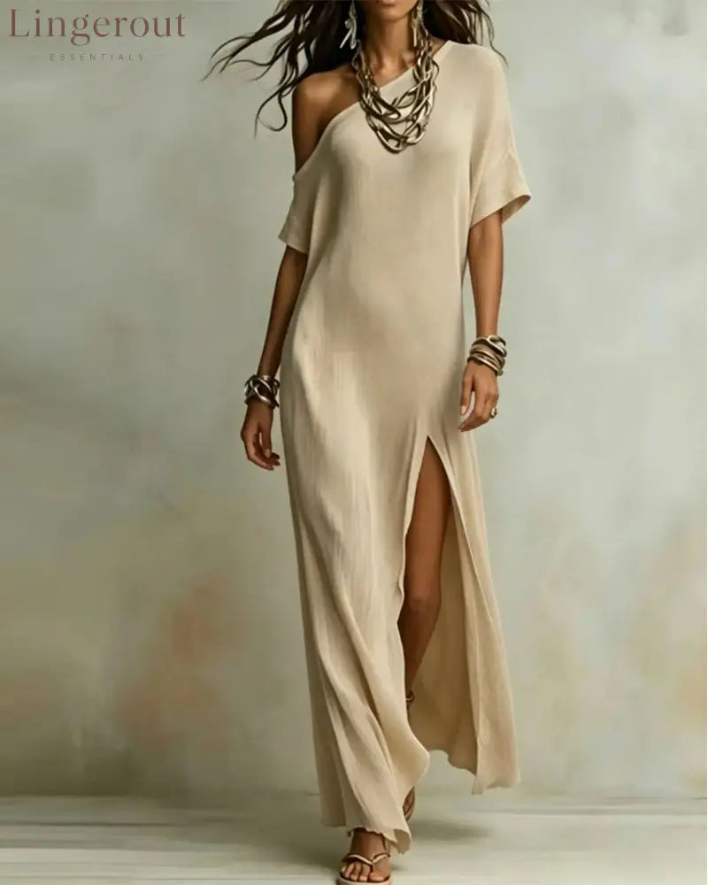Slash Shoulder Slit Dress - Beige / S