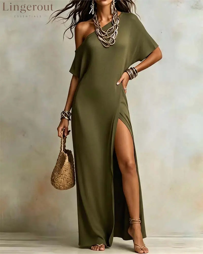 Slash Shoulder Slit Dress - Green / S