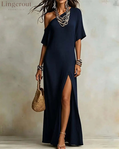 Slash Shoulder Slit Dress - Navy Blue / S