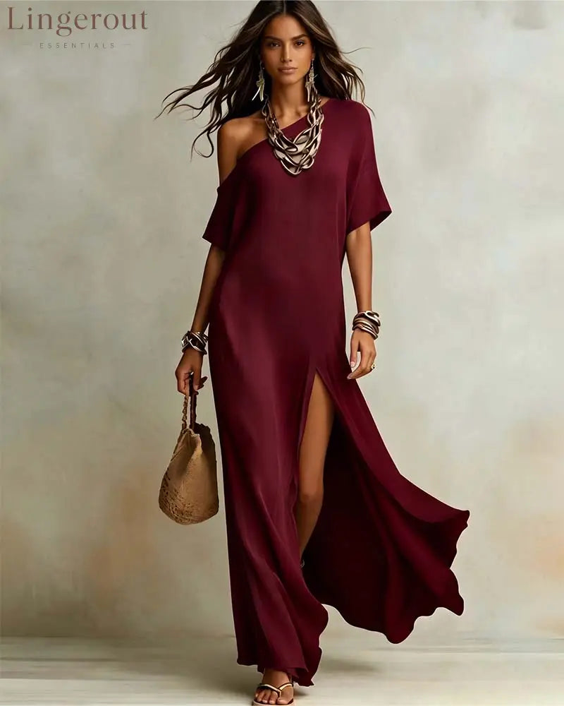 Slash Shoulder Slit Dress - Red / S