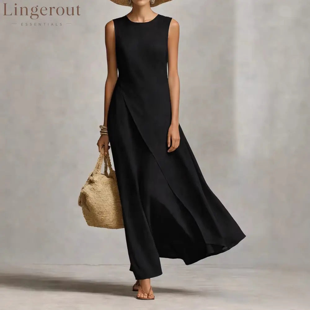 Sleeveless Asymmetrical Linen Maxi Dress - Black / XS