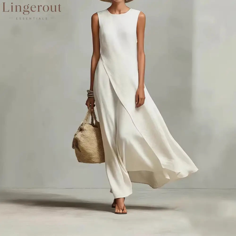 Sleeveless Asymmetrical Linen Maxi Dress - Off white / XS