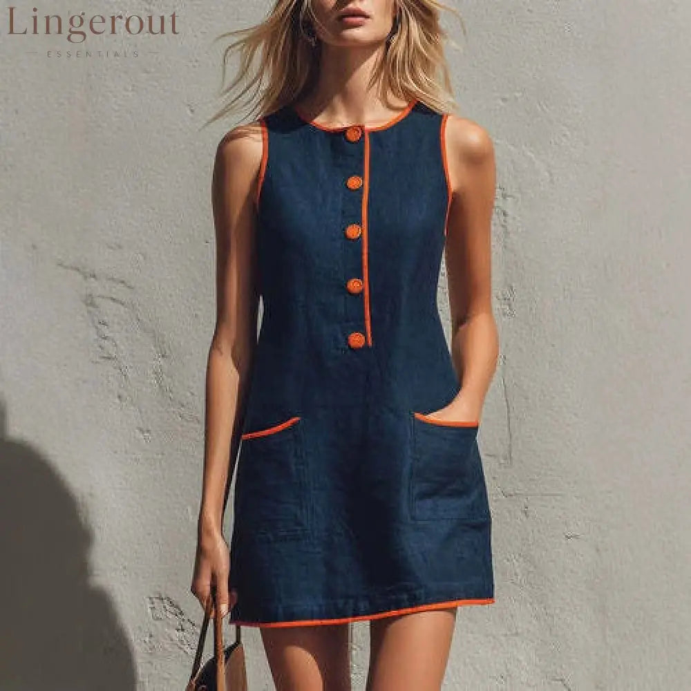 Sleeveless Button Front Casual Mini Dress with Pockets