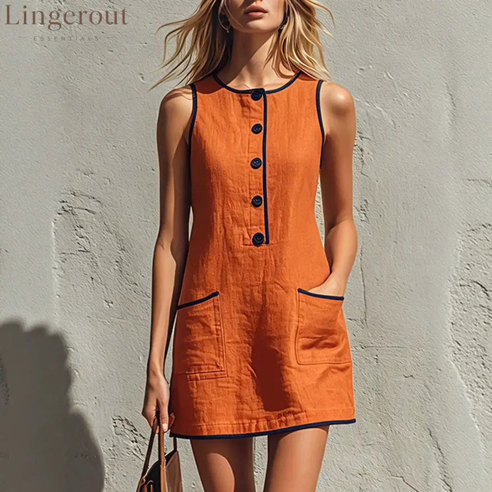 Sleeveless Button Front Casual Mini Dress with Pockets
