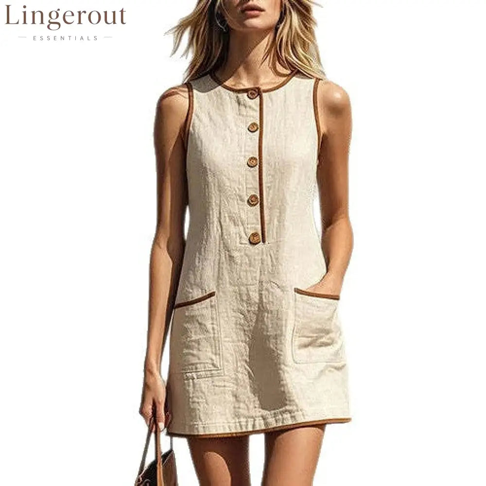 Sleeveless Button Front Casual Mini Dress with Pockets