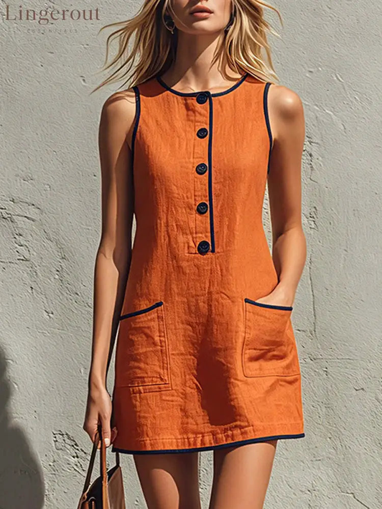Sleeveless Button Front Casual Mini Dress with Pockets - Orange color / S