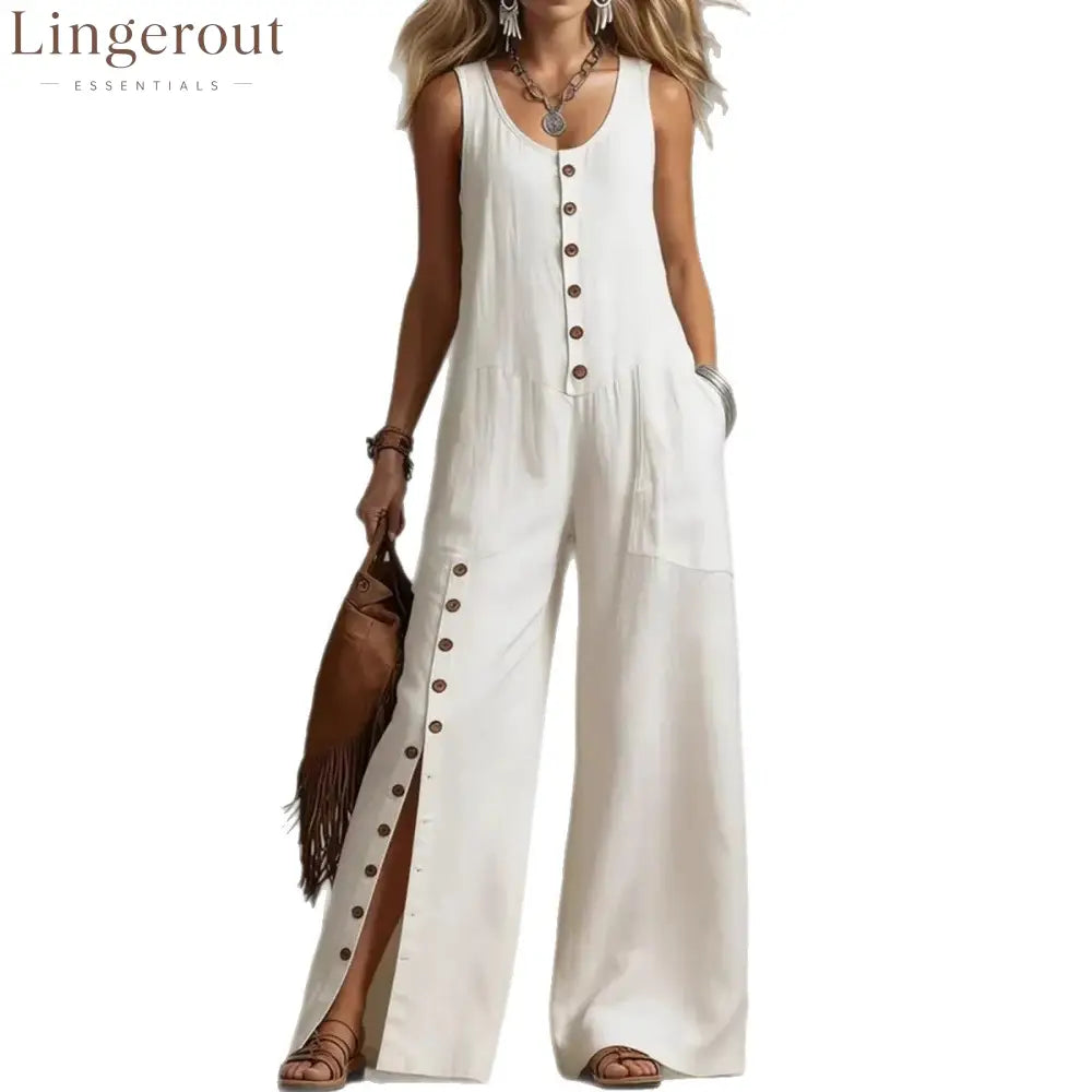 Sleeveless Button Front Side Slit Wide Leg Linen Jumpsuit