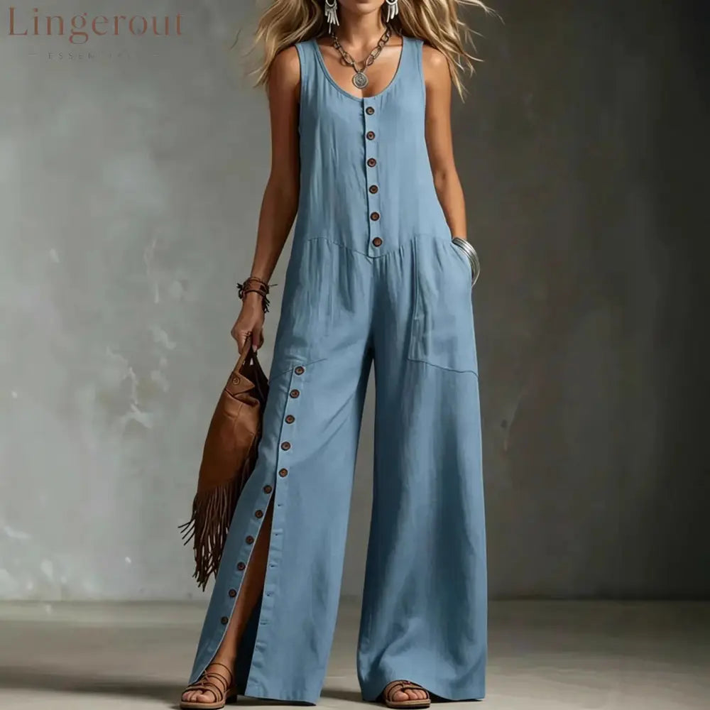 Sleeveless Button Front Side Slit Wide Leg Linen Jumpsuit - Blue / S