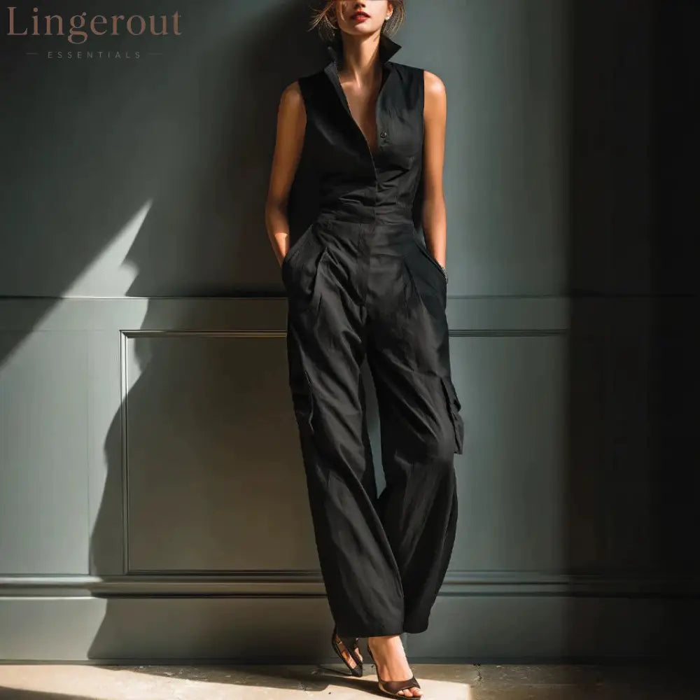 Sleeveless Collar Shirt Cargo Wide Leg Jumpsuit