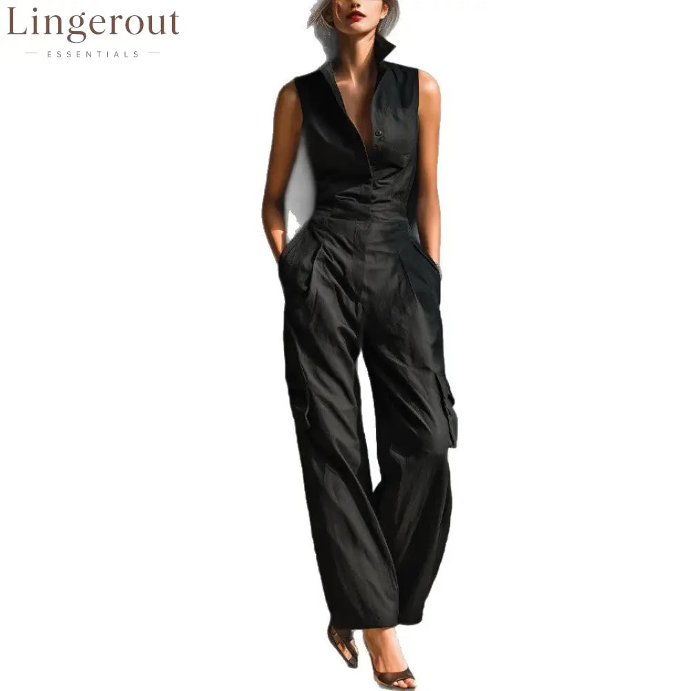 Sleeveless Collar Shirt Cargo Wide Leg Jumpsuit