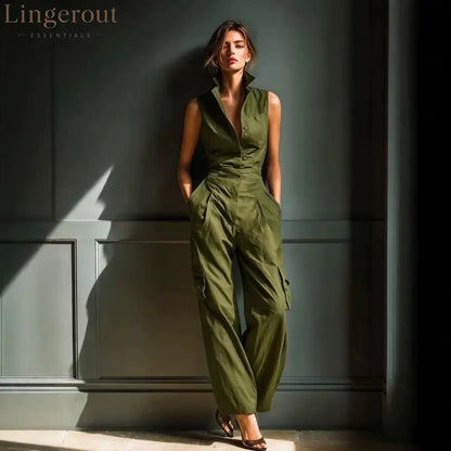 Sleeveless Collar Shirt Cargo Wide Leg Jumpsuit