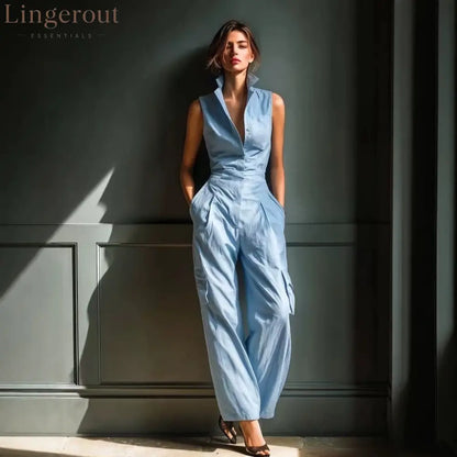 Sleeveless Collar Shirt Cargo Wide Leg Jumpsuit