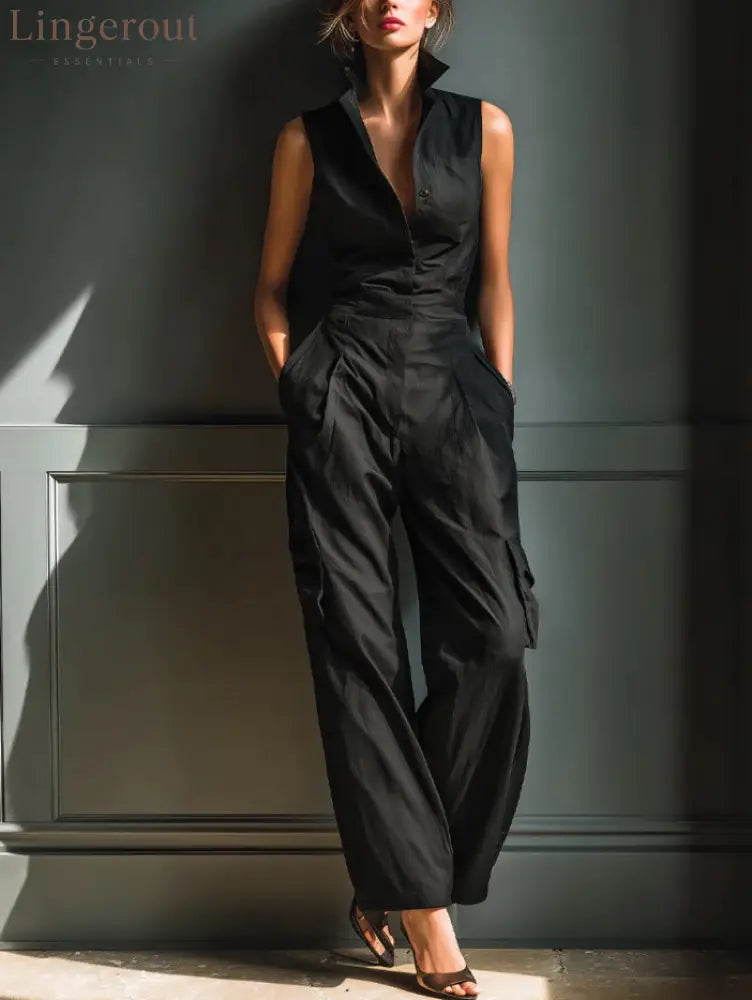 Sleeveless Collar Shirt Cargo Wide Leg Jumpsuit - Black / S