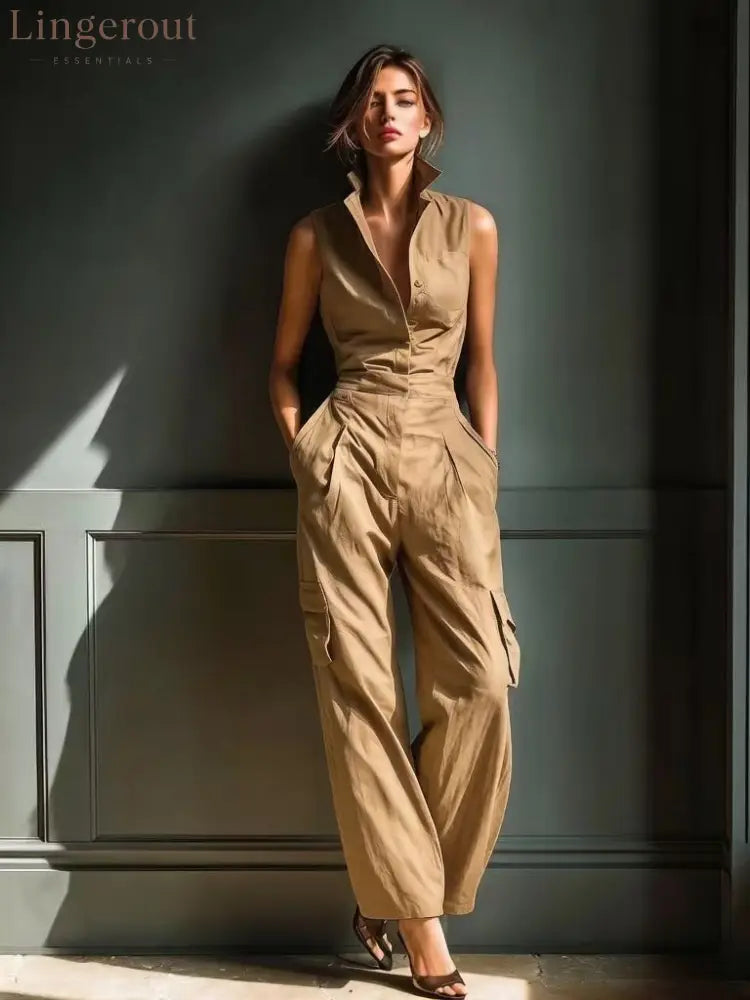 Sleeveless Collar Shirt Cargo Wide Leg Jumpsuit - Khaki / S