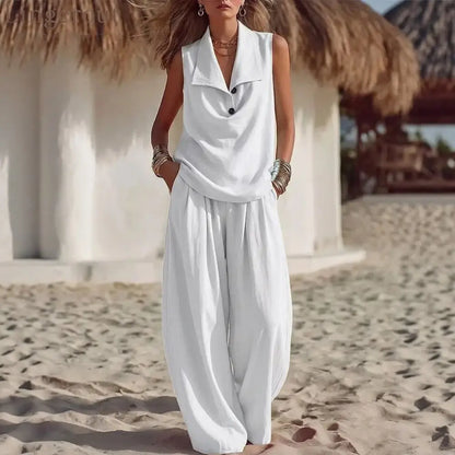 Sleeveless Collar Top & Wide Leg Vacation Pants