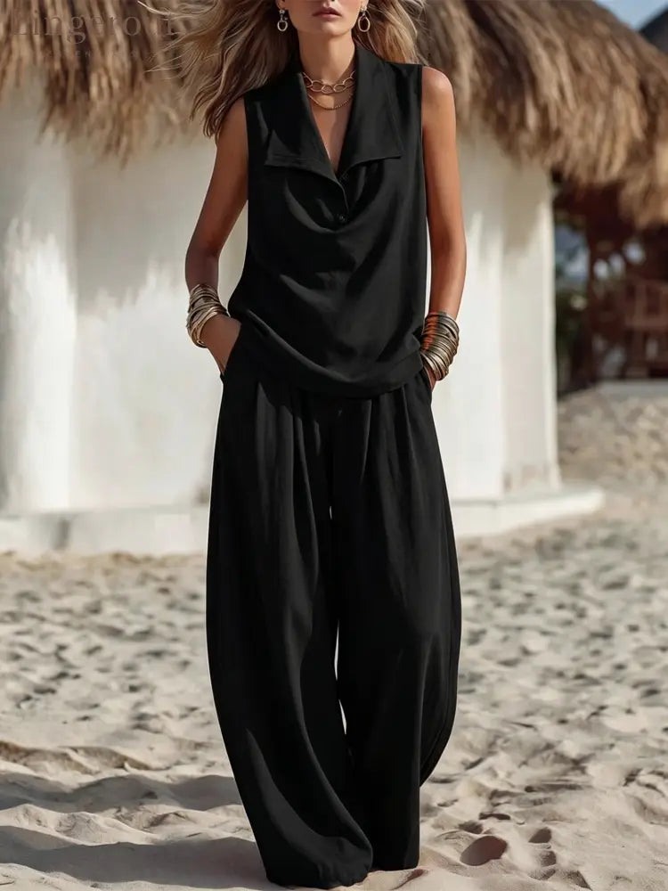 Sleeveless Collar Top & Wide Leg Vacation Pants - Black / S