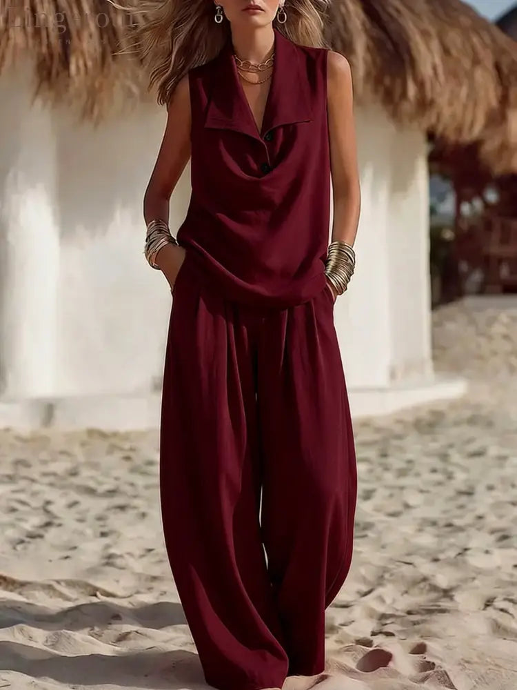 Sleeveless Collar Top & Wide Leg Vacation Pants - Claret / S