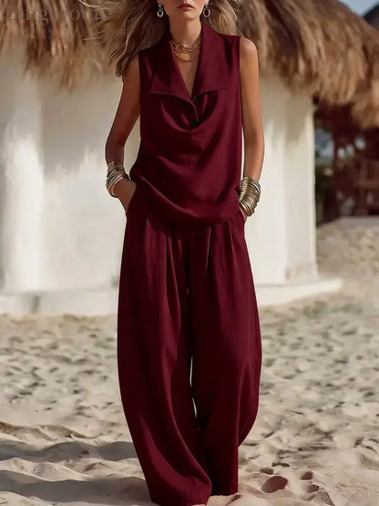 Sleeveless Collar Top & Wide Leg Vacation Pants - Claret / S