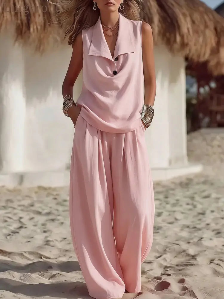 Sleeveless Collar Top & Wide Leg Vacation Pants - Pink / S