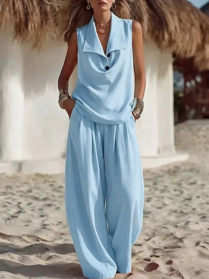Sleeveless Collar Top & Wide Leg Vacation Pants - Sky blue / S