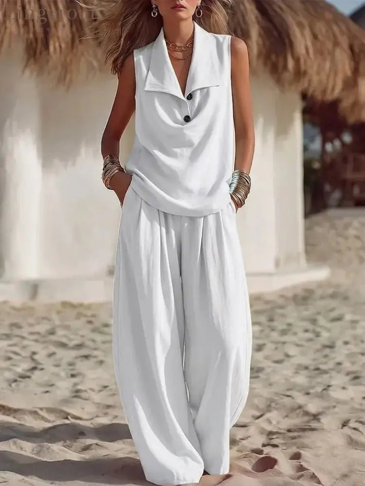 Sleeveless Collar Top & Wide Leg Vacation Pants - White / S
