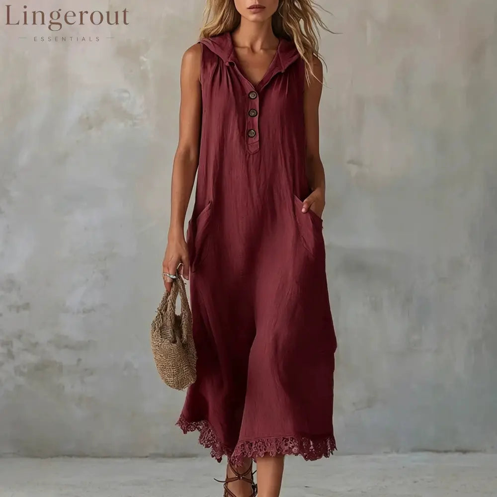 Sleeveless Collared Half Button Lace Hem Linen Midi Dress