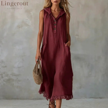 Sleeveless Collared Half Button Lace Hem Linen Midi Dress