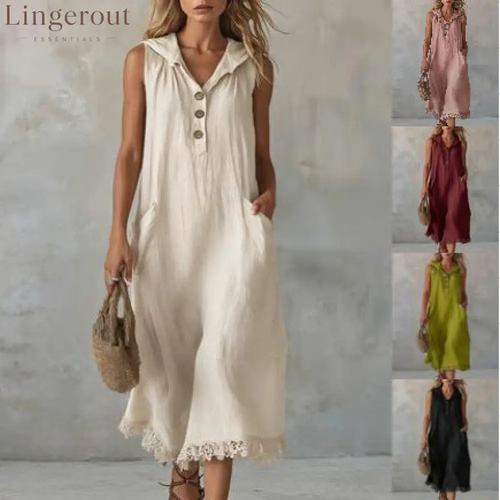 Sleeveless Collared Half Button Lace Hem Linen Midi Dress