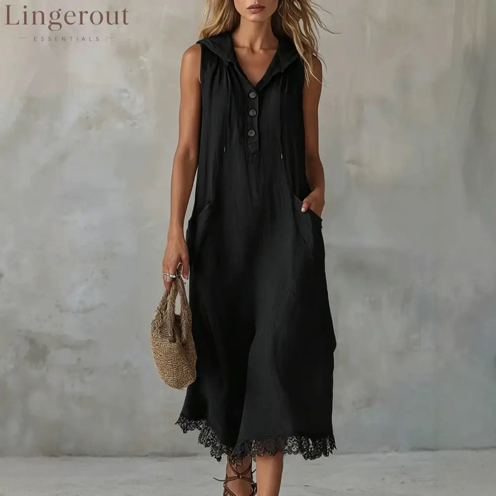 Sleeveless Collared Half Button Lace Hem Linen Midi Dress