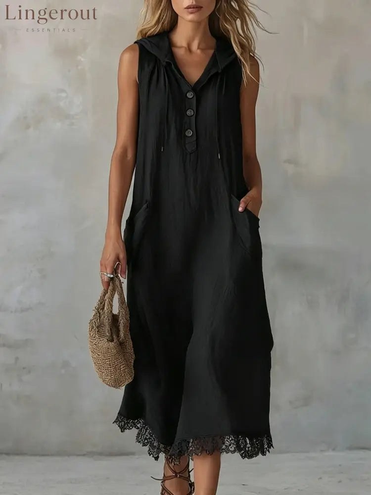 Sleeveless Collared Half Button Lace Hem Linen Midi Dress - Black / S