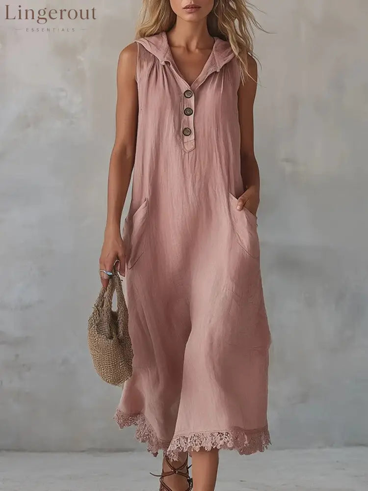 Sleeveless Collared Half Button Lace Hem Linen Midi Dress - Pink / S