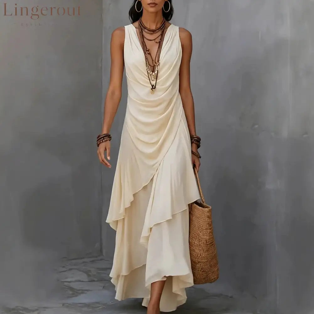 Sleeveless Draped V-Neck Asymmetrical Ruffle Maxi Dress